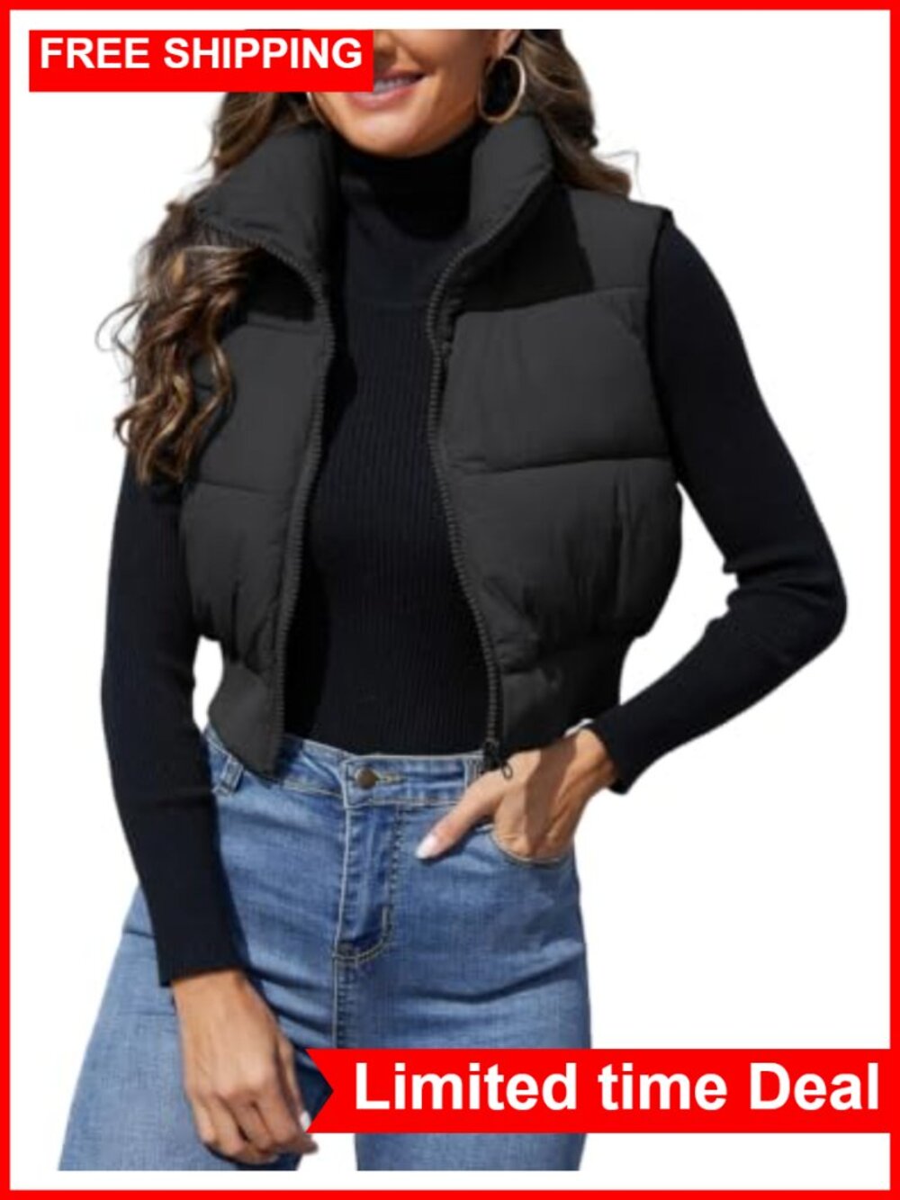 Cropped Quilted Puffer Vest Zip Up Sleeveless Jacket